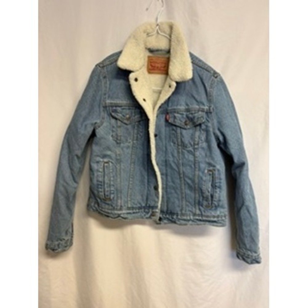 Levis Sherpa Lined Trucker Jacket Light Wash Denim Fleece Blue Coat Large